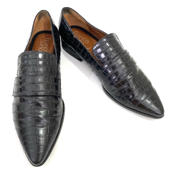 Franco Sarto Pointed Toe Loafers 8 M Black Leather Flat Croc Print Slip On - Picture 1 of 12